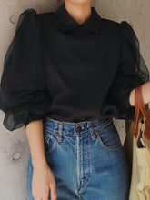 FRIFUL Women's Spring And Summer Solid Color Collared Loose Contrast Mesh Black Blouse